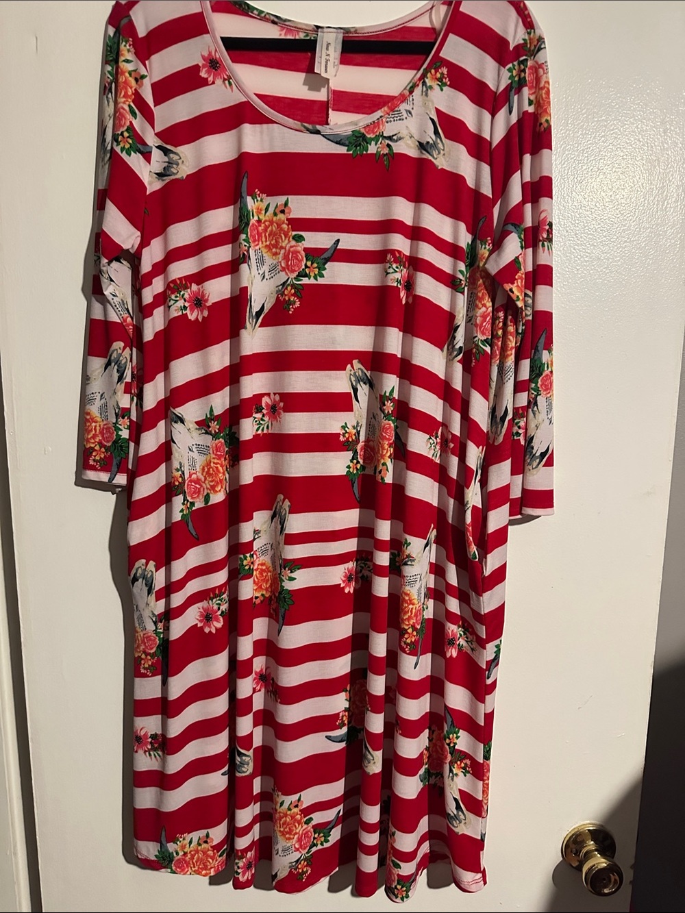 Red & White Striped Floral Long-Sleeve Swing Dress